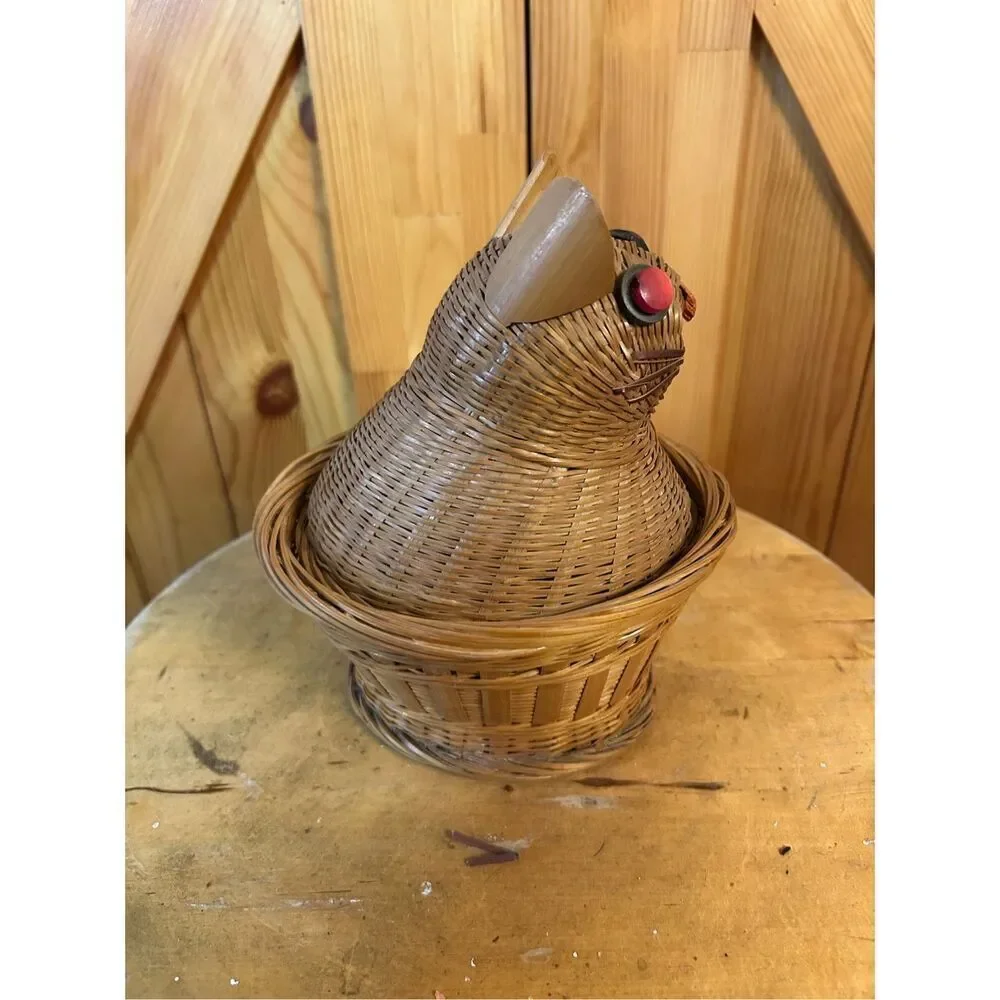 Vintage Wicker Cat-shaped Nesting Basket, Woven Basket with Lid (8564)